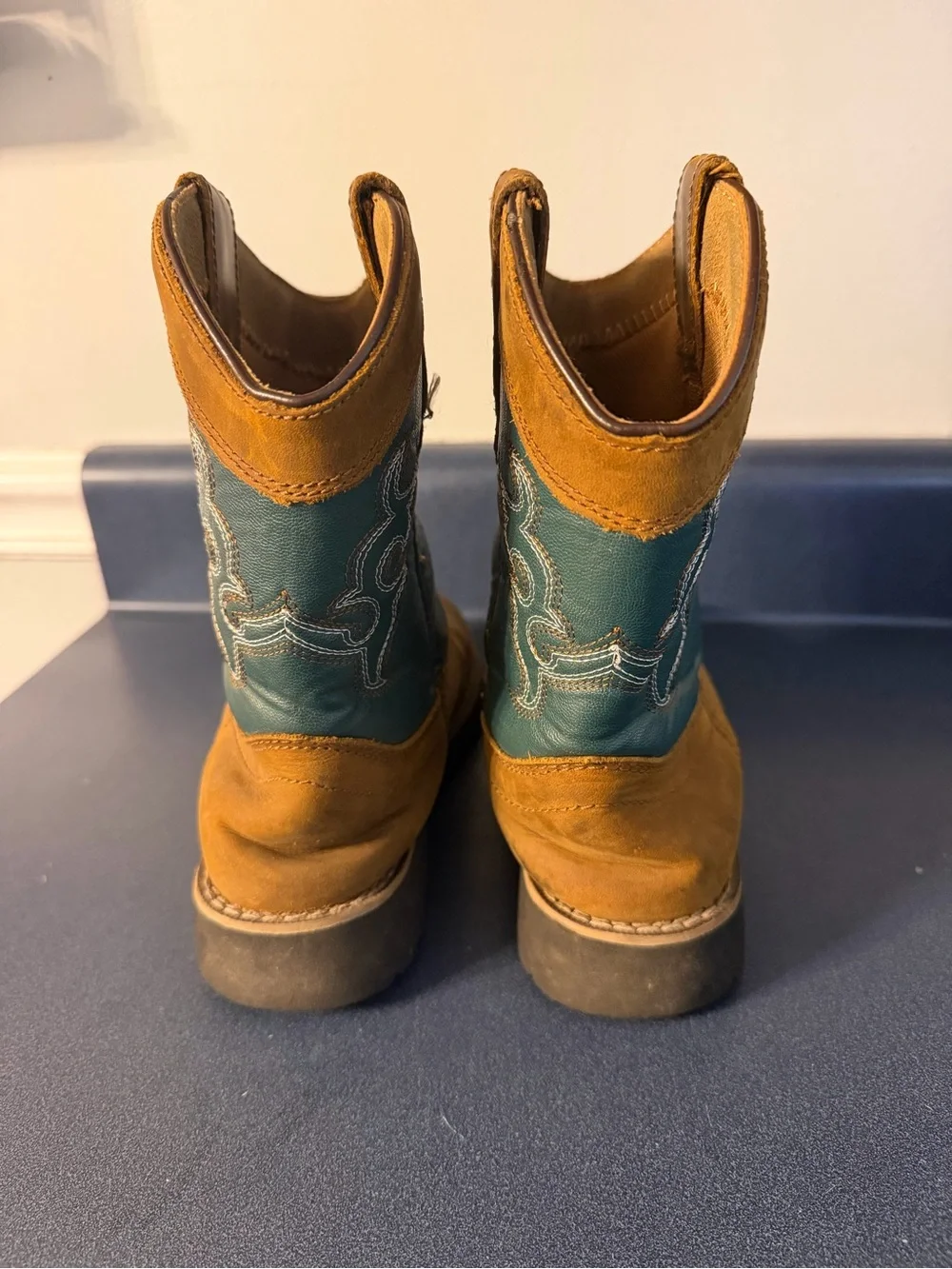 Kids Brown and Teal Western Pull-On Boots